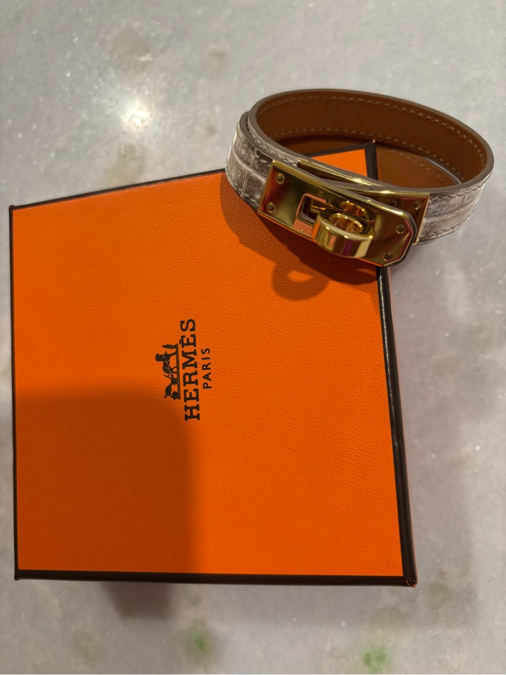 Hermes White Croc-Embossed Kelly Double Tour Bracelet with Gold Hardware
